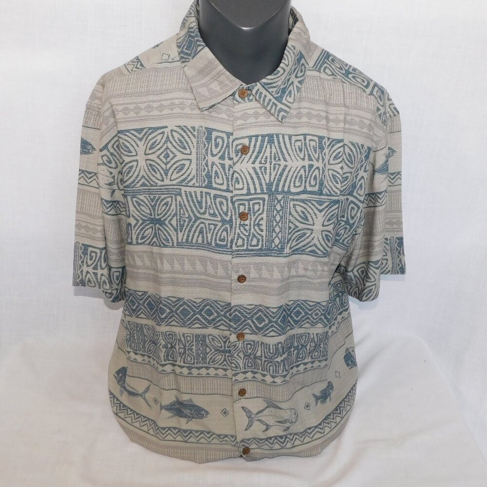 Quiksilver Waterman Collection Gray Blue Hawaiian Button Front Shirt Fish Men XL